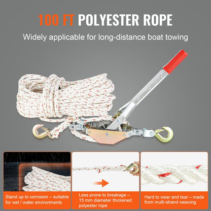 Heavy Duty 0.75 Ton Rope Puller with 30.48m Rope and Dual Hooks