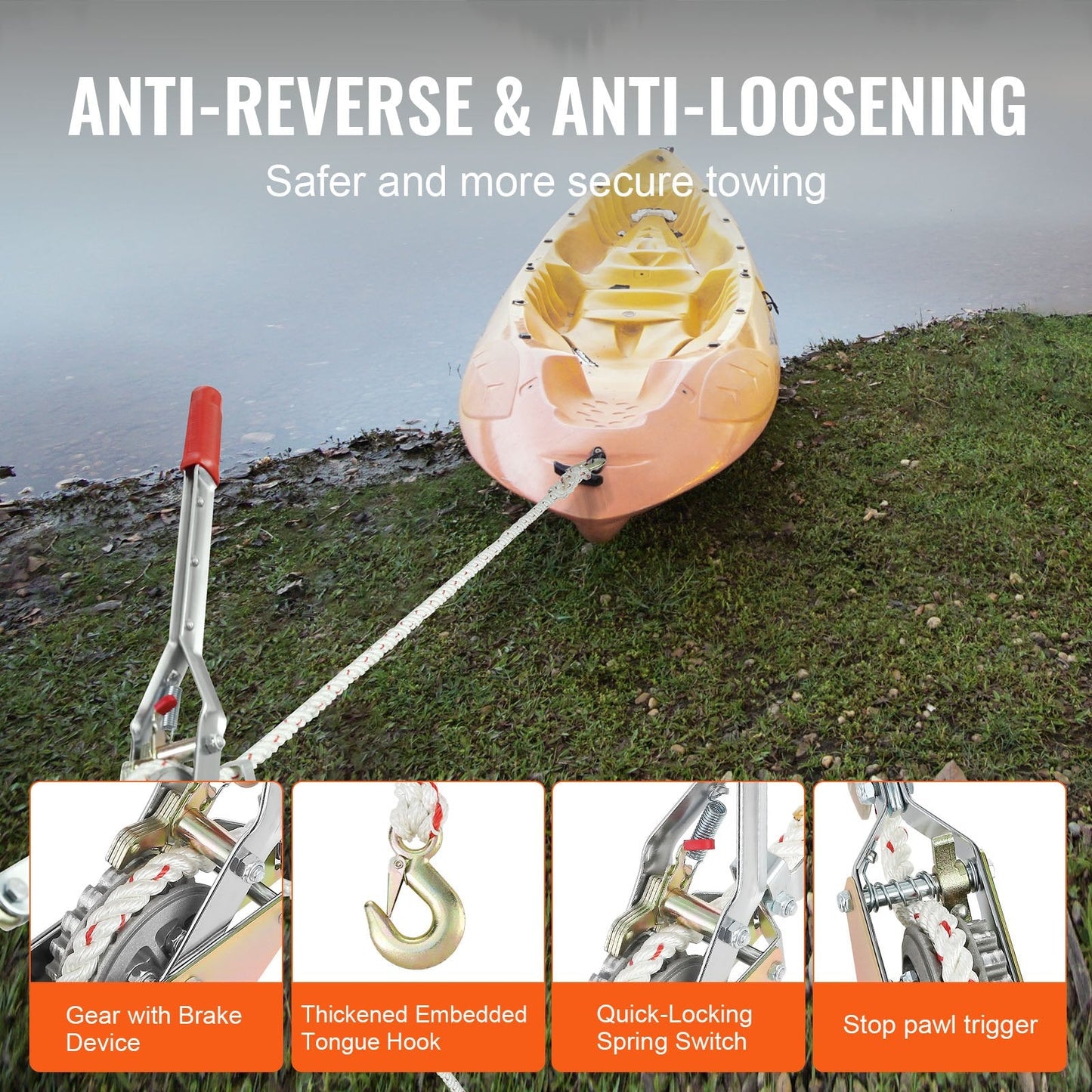 Heavy Duty 0.75 Ton Rope Puller with 30.48m Rope and Dual Hooks