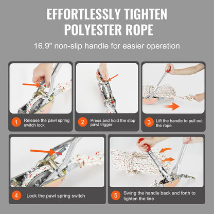 Heavy Duty 0.75 Ton Rope Puller with 30.48m Rope and Dual Hooks