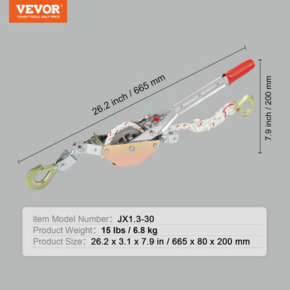 VEVOR Rope Puller, 3/4 Ton Pulling Capacity, with 30.48 m of 15 mm dia. Rope, 2