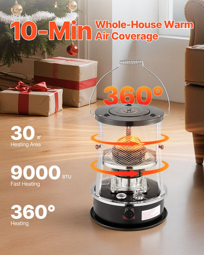 9000 BTU Portable Kerosene Heater & Stove, 2 in 1 Non-Electric Indoor Outdoor Heater with Adjustable Height & Flame & Easy Storage,for Camping, Hunting, Cooking, Home, Garage, Black