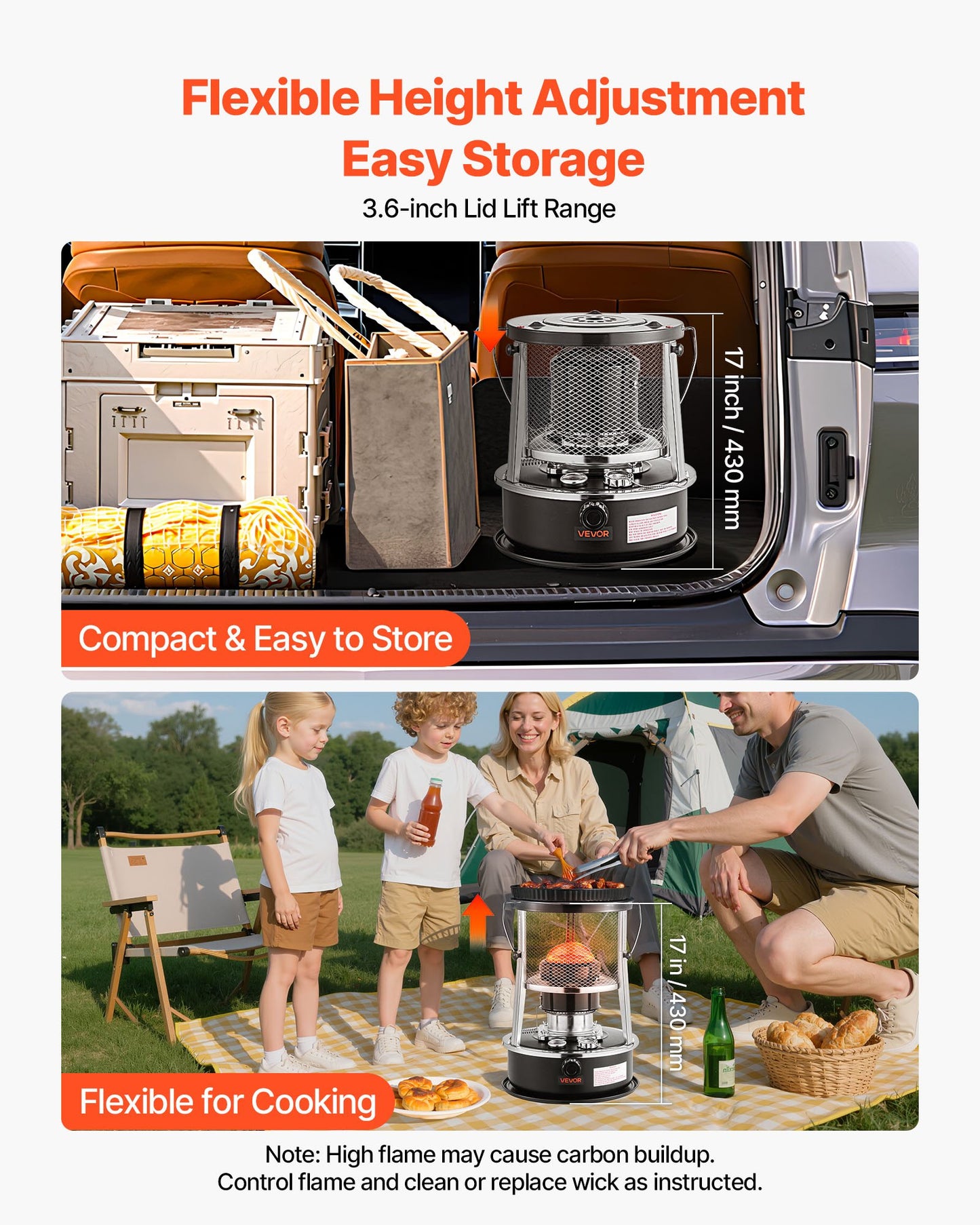 9000 BTU Portable Kerosene Heater & Stove, 2 in 1 Non-Electric Indoor Outdoor Heater with Adjustable Height & Flame & Easy Storage,for Camping, Hunting, Cooking, Home, Garage, Black
