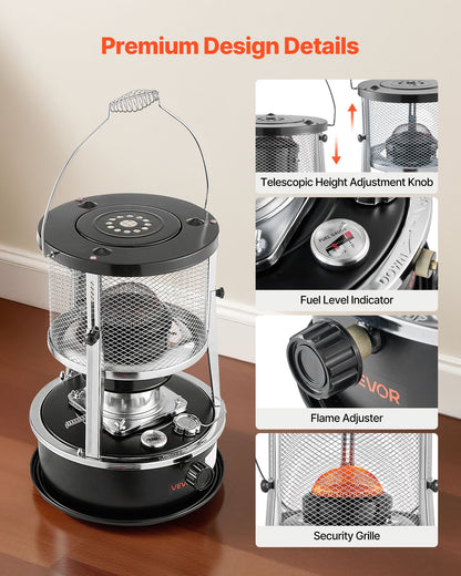 9000 BTU Portable Kerosene Heater & Stove, 2 in 1 Non-Electric Indoor Outdoor Heater with Adjustable Height & Flame & Easy Storage,for Camping, Hunting, Cooking, Home, Garage, Black