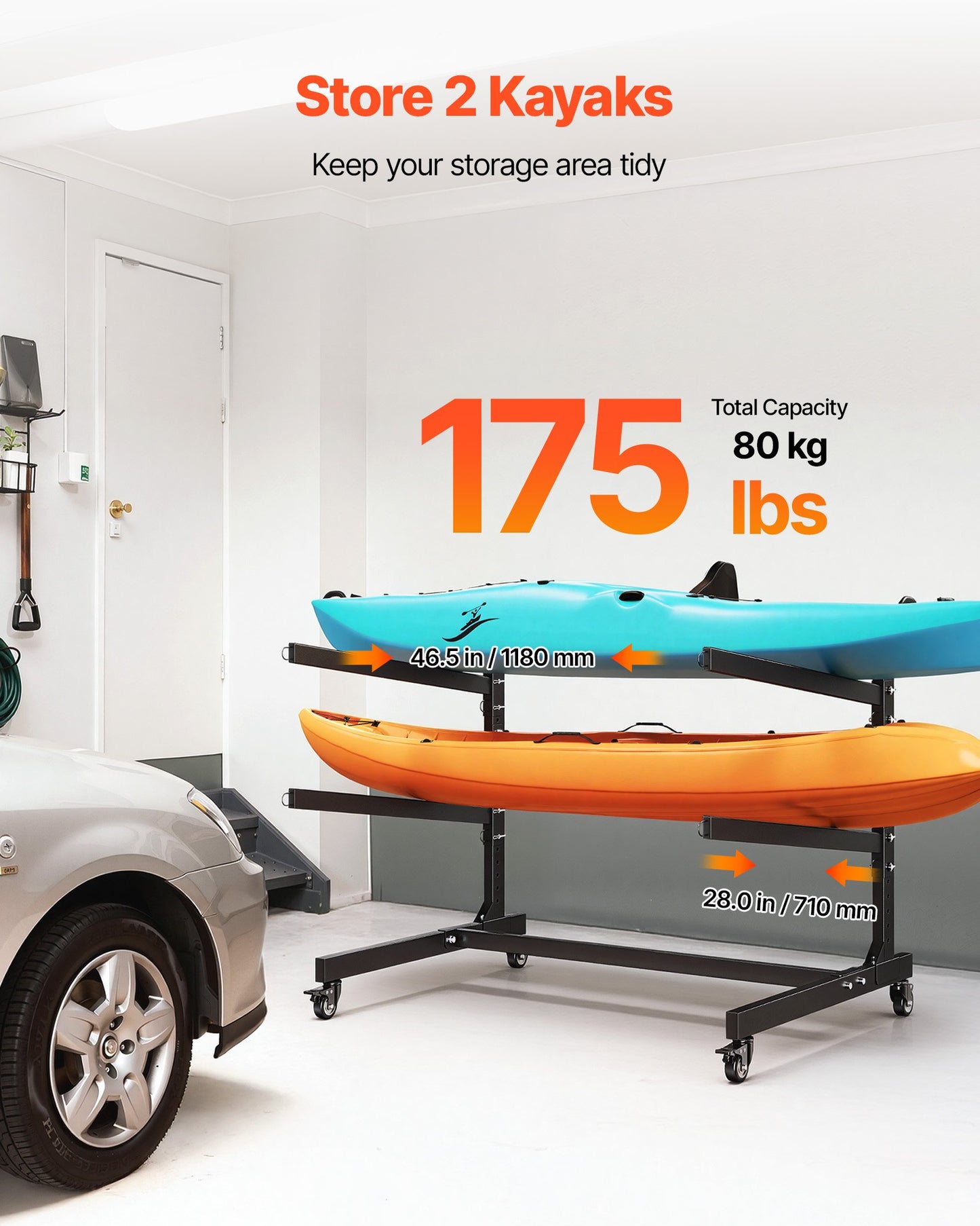 Kayak Storage Rack for 2 Kayaks, Holds 80 kg, Heavy Duty Adjustable Freestanding Stand with Lockable Wheels for Indoor Outdoor Garage Shed Dock, Holder for Canoe, SUP, Surfboard & Paddleboard