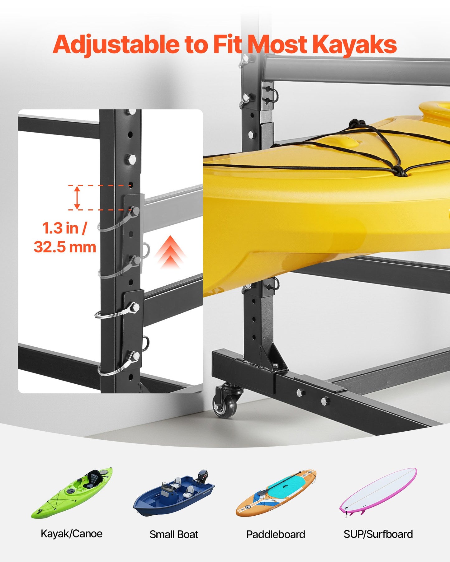 Kayak Storage Rack for 2 Kayaks, Holds 80 kg, Heavy Duty Adjustable Freestanding Stand with Lockable Wheels for Indoor Outdoor Garage Shed Dock, Holder for Canoe, SUP, Surfboard & Paddleboard