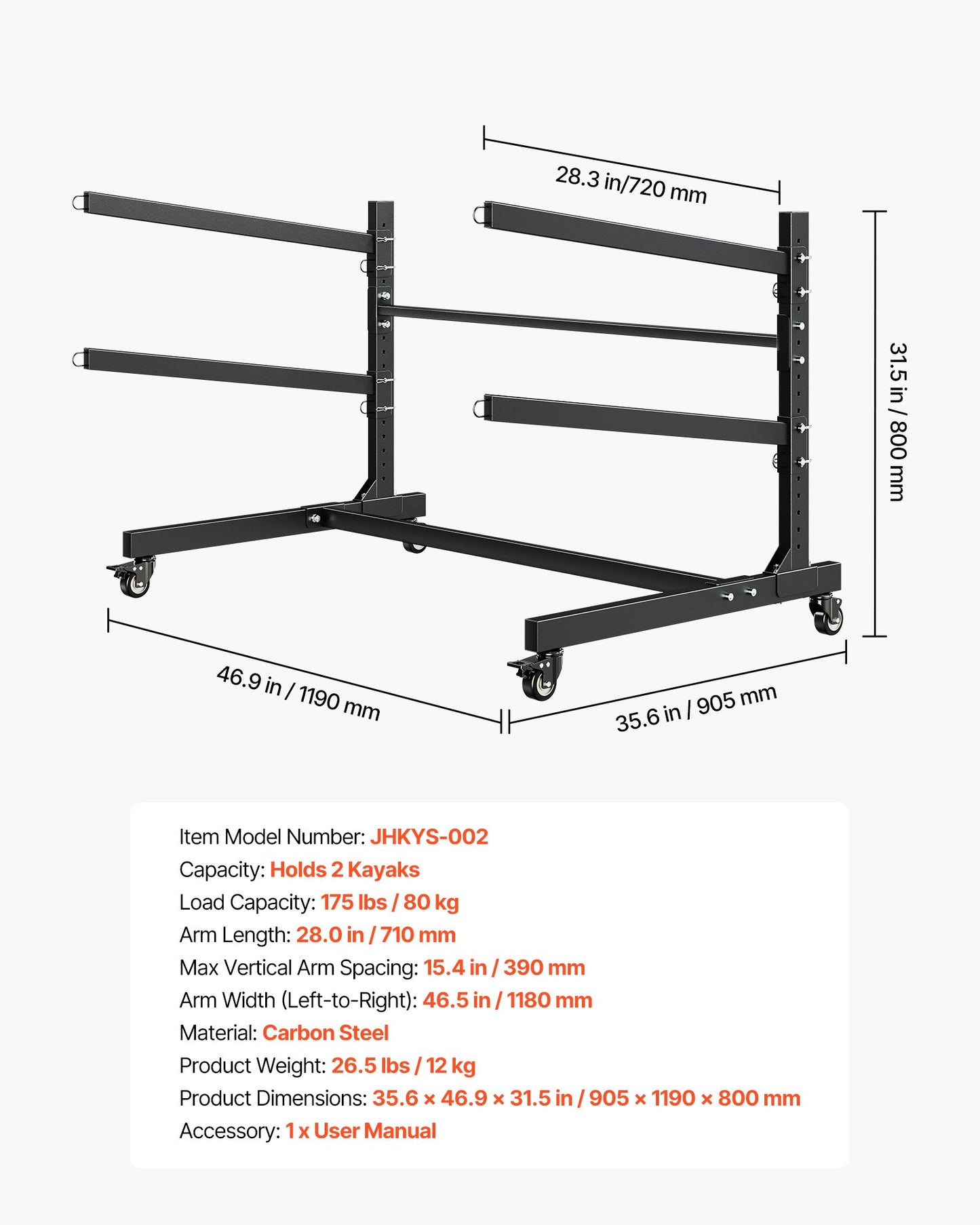 Kayak Storage Rack for 2 Kayaks, Holds 80 kg, Heavy Duty Adjustable Freestanding Stand with Lockable Wheels for Indoor Outdoor Garage Shed Dock, Holder for Canoe, SUP, Surfboard & Paddleboard