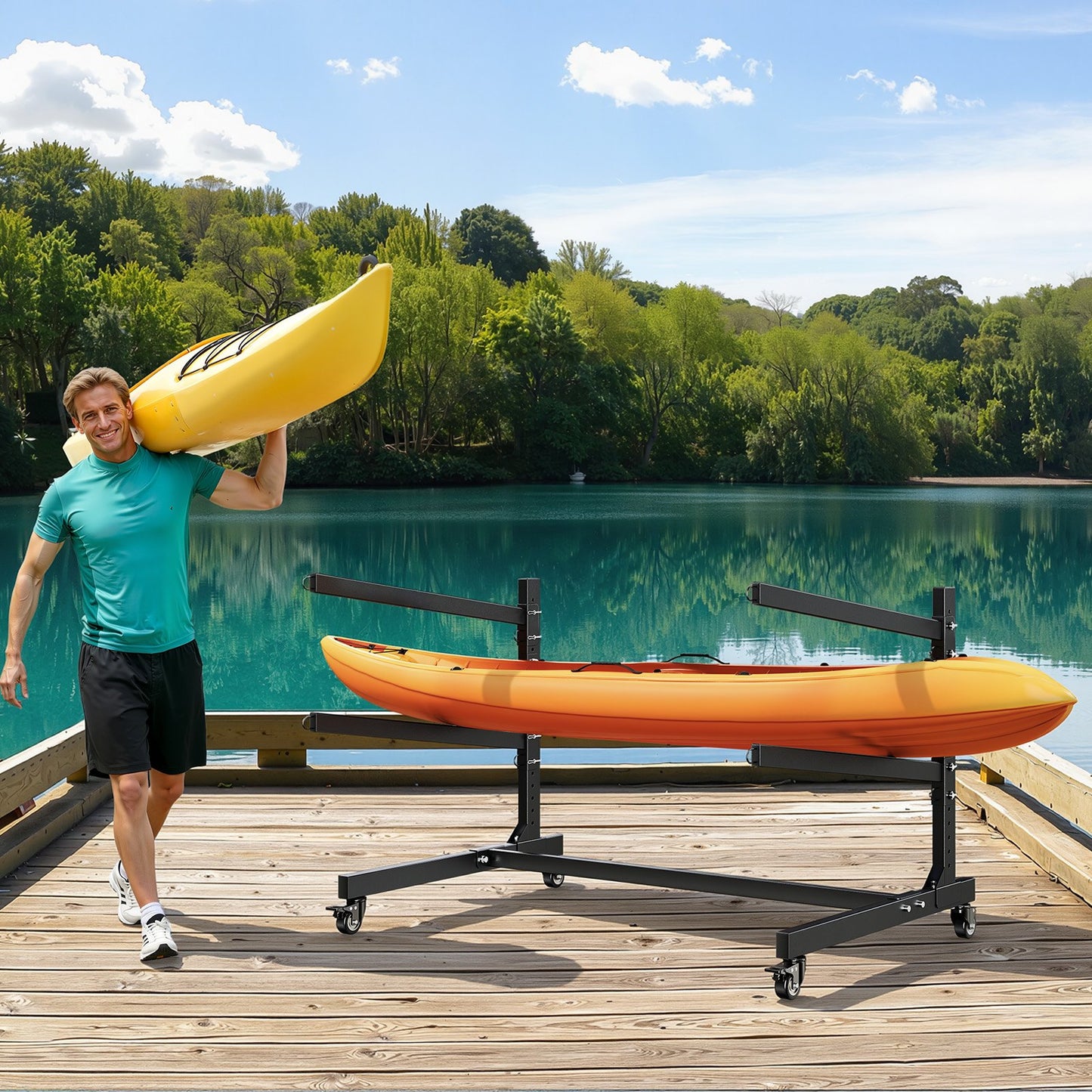 Kayak Storage Rack for 2 Kayaks, Holds 80 kg, Heavy Duty Adjustable Freestanding Stand with Lockable Wheels for Indoor Outdoor Garage Shed Dock, Holder for Canoe, SUP, Surfboard & Paddleboard