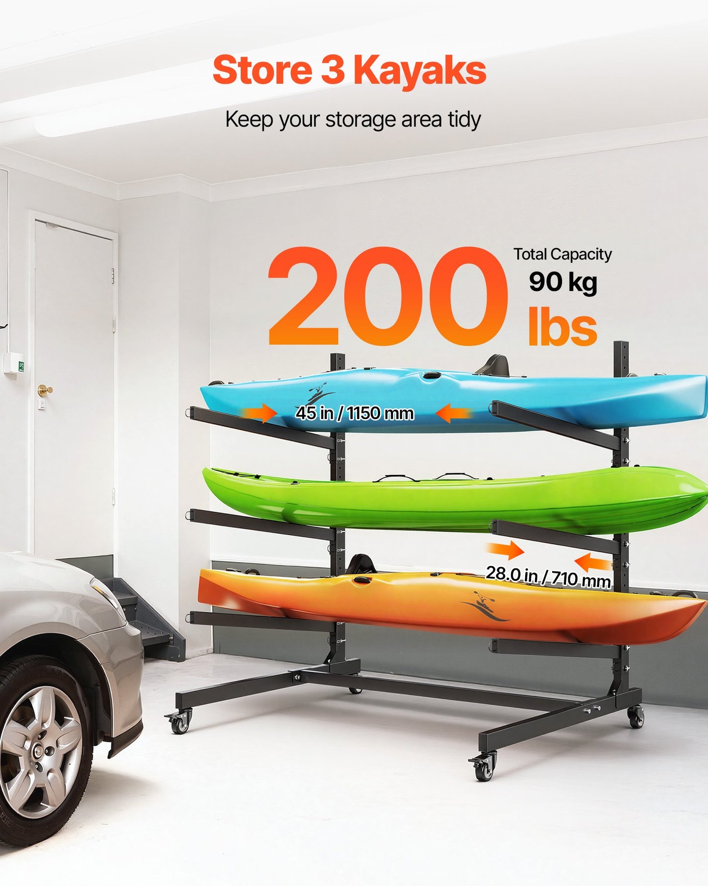 Kayak Storage Rack for 3 Kayaks, Holds 90 kg, Heavy Duty Adjustable Freestanding Stand with Lockable Wheels for Indoor Outdoor Garage Shed Dock, Holder for Canoe, SUP, Surfboard & Paddleboard