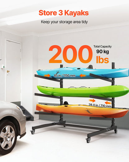 Kayak Storage Rack for 3 Kayaks, Holds 90 kg, Heavy Duty Adjustable Freestanding Stand with Lockable Wheels for Indoor Outdoor Garage Shed Dock, Holder for Canoe, SUP, Surfboard & Paddleboard