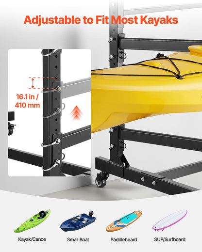 Kayak Storage Rack for 3 Kayaks, Holds 90 kg, Heavy Duty Adjustable Freestanding Stand with Lockable Wheels for Indoor Outdoor Garage Shed Dock, Holder for Canoe, SUP, Surfboard & Paddleboard
