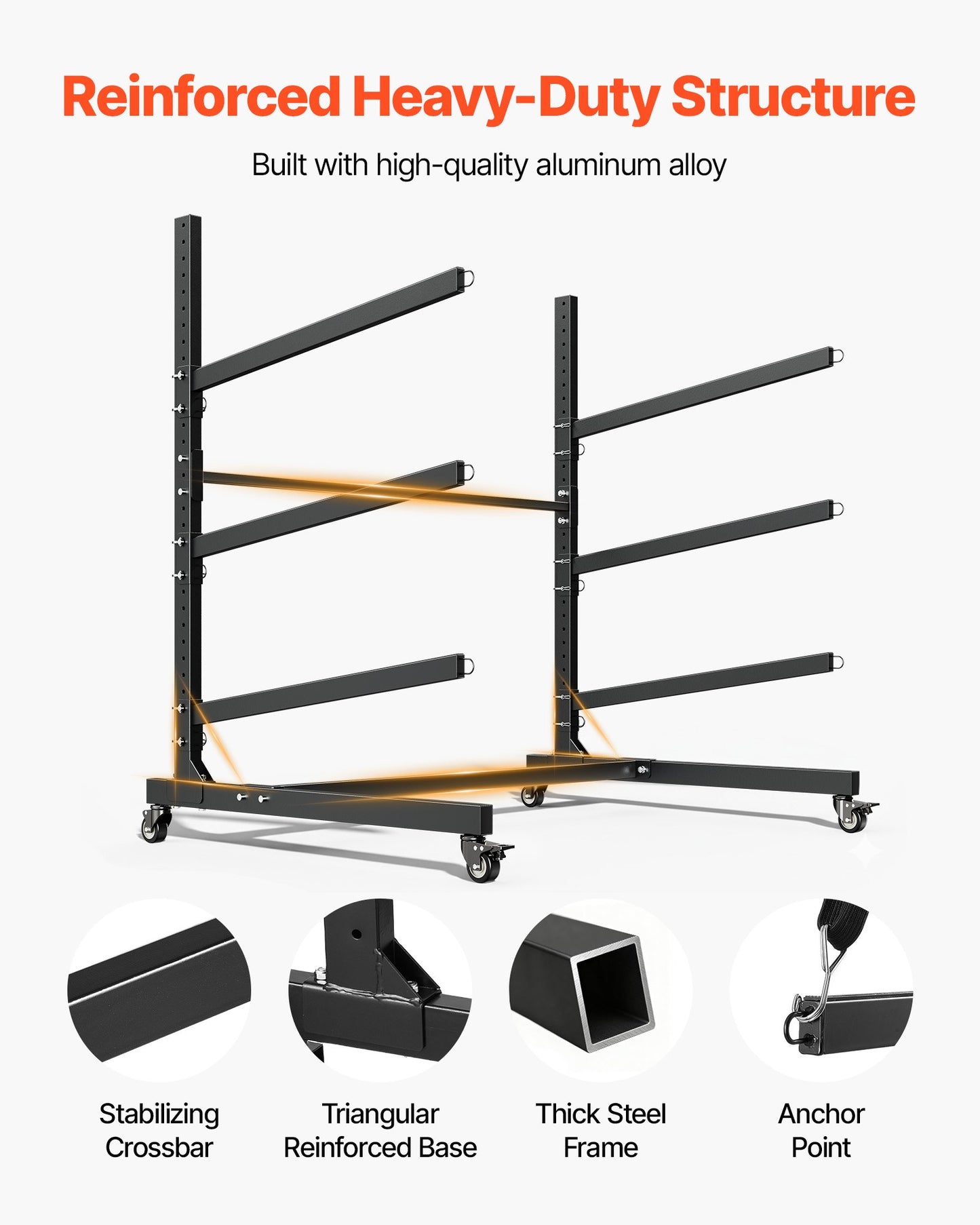 Kayak Storage Rack for 3 Kayaks, Holds 90 kg, Heavy Duty Adjustable Freestanding Stand with Lockable Wheels for Indoor Outdoor Garage Shed Dock, Holder for Canoe, SUP, Surfboard & Paddleboard