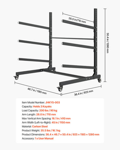 Kayak Storage Rack for 3 Kayaks, Holds 90 kg, Heavy Duty Adjustable Freestanding Stand with Lockable Wheels for Indoor Outdoor Garage Shed Dock, Holder for Canoe, SUP, Surfboard & Paddleboard