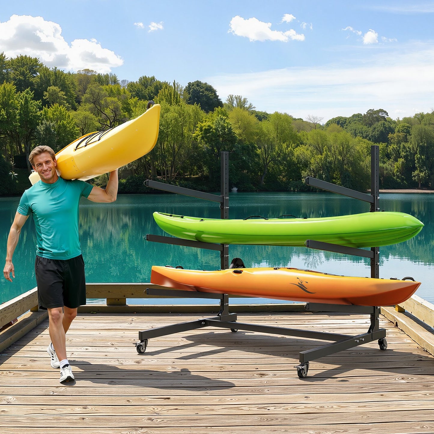 Kayak Storage Rack for 3 Kayaks, Holds 90 kg, Heavy Duty Adjustable Freestanding Stand with Lockable Wheels for Indoor Outdoor Garage Shed Dock, Holder for Canoe, SUP, Surfboard & Paddleboard