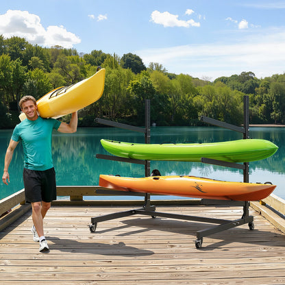 Kayak Storage Rack for 3 Kayaks, Holds 90 kg, Heavy Duty Adjustable Freestanding Stand with Lockable Wheels for Indoor Outdoor Garage Shed Dock, Holder for Canoe, SUP, Surfboard & Paddleboard