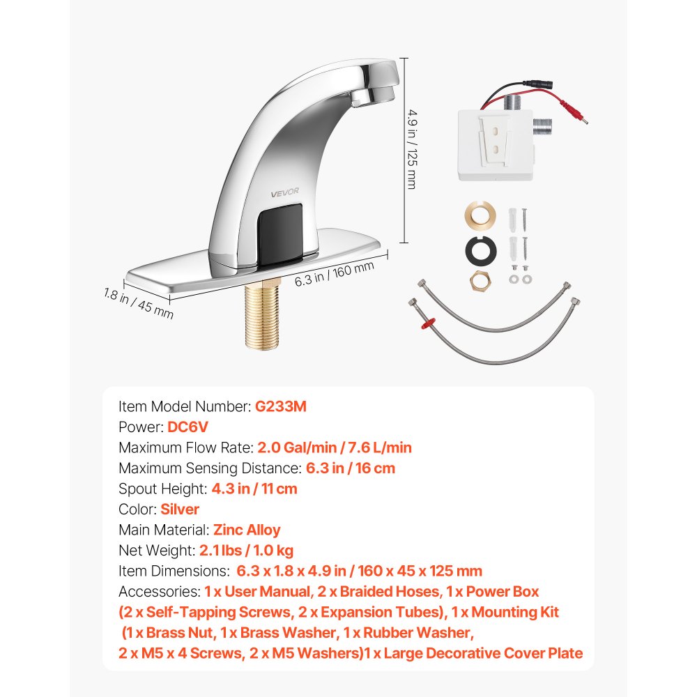 Touchless Bathroom Sink Faucet, Automatic Motion Sensor Restroom Toilet Faucet Cold Water with Hole Cover Plate, Battery