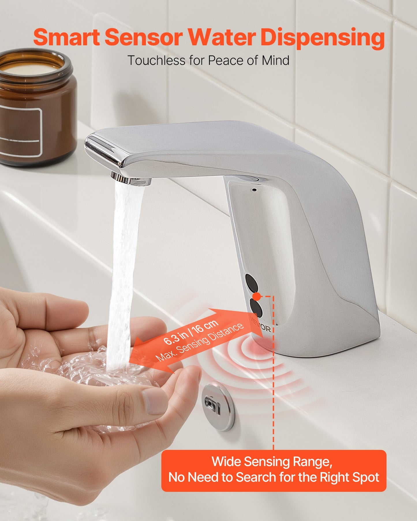 Touchless Bathroom Sink Faucet, Automatic Motion Sensor Restroom Toilet Faucet Cold Water with Single Hole, Battery Operated for 14.3mm Pipe Commercial Lavatory,Chrome Plated Silver