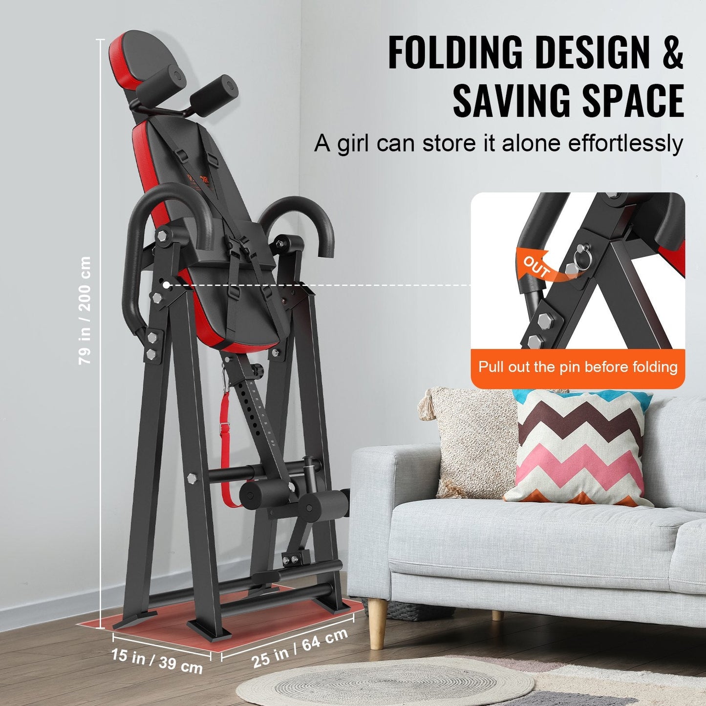 Foldable Inversion Table for Strength Training, Adjustable Height 1.5-1.9m, 136kg Capacity