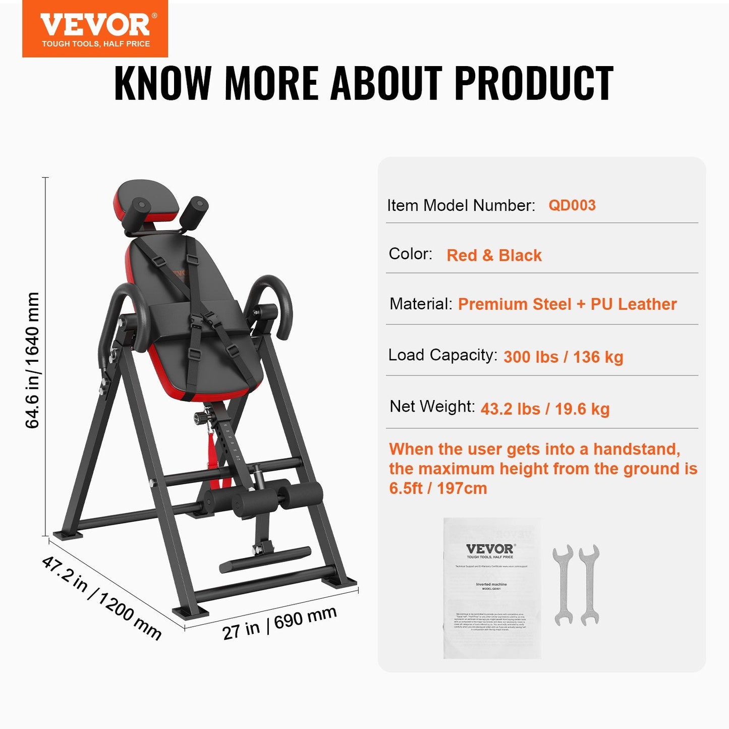 Foldable Inversion Table for Strength Training, Adjustable Height 1.5-1.9m, 136kg Capacity