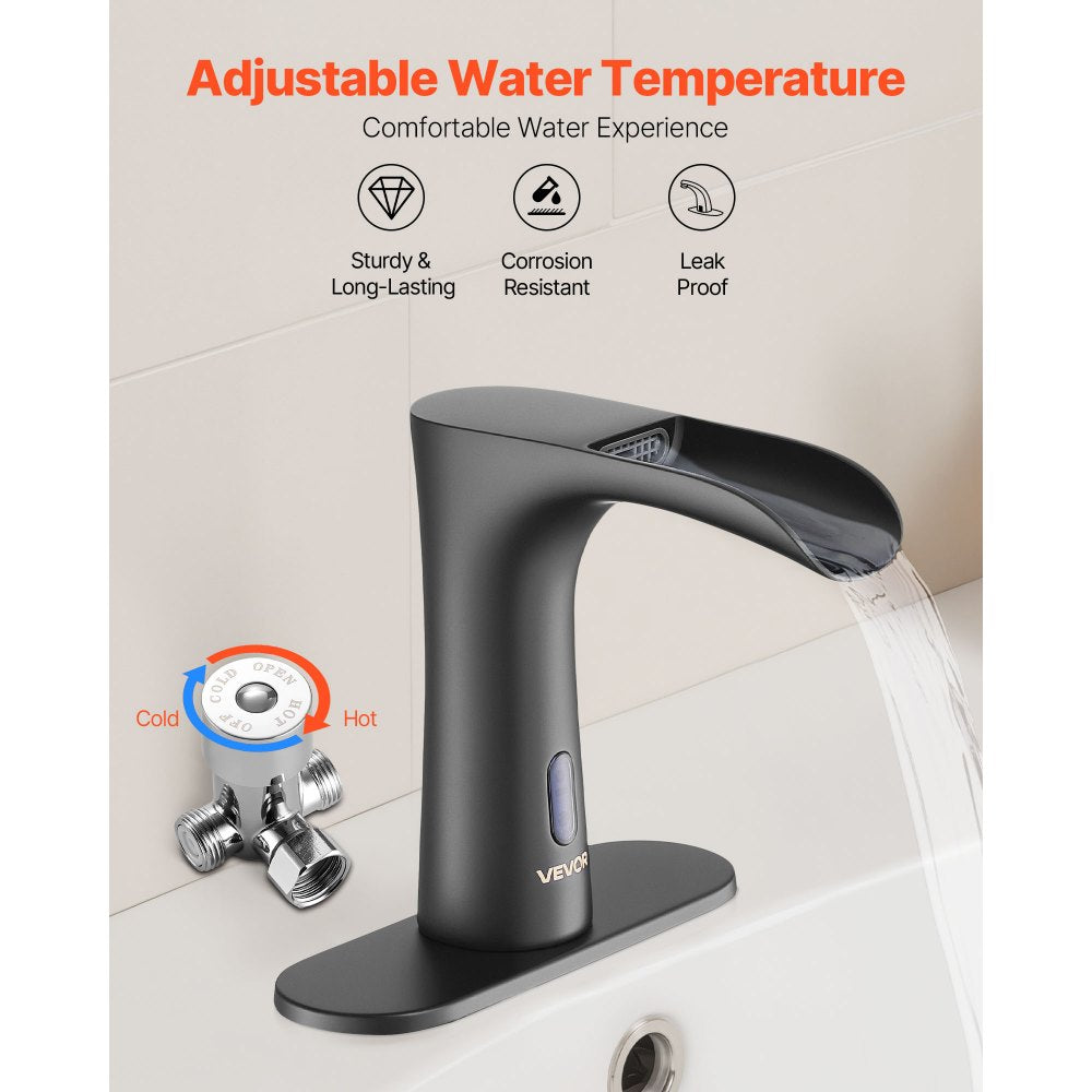 Touchless Bathroom Sink Faucet, Automatic Motion Sensor Waterfall Restroom Toilet Faucet with Hole Cover Plate, Modern E