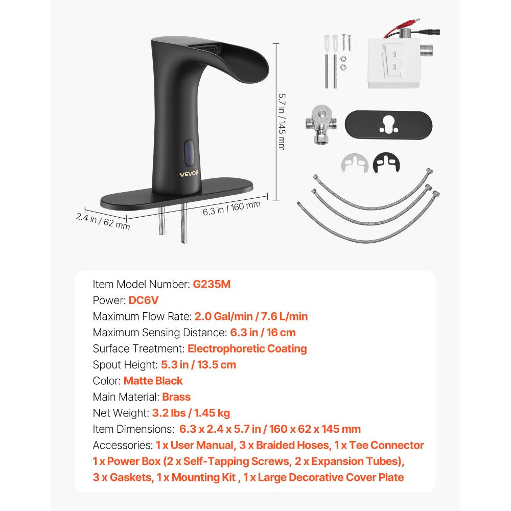 Touchless Bathroom Sink Faucet, Automatic Motion Sensor Waterfall Restroom Toilet Faucet with Hole Cover Plate, Modern E