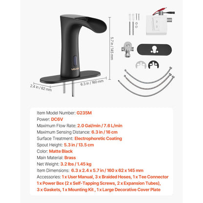 Touchless Bathroom Sink Faucet, Automatic Motion Sensor Waterfall Restroom Toilet Faucet with Hole Cover Plate, Modern E