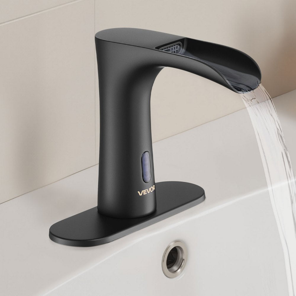 Touchless Bathroom Sink Faucet, Automatic Motion Sensor Waterfall Restroom Toilet Faucet with Hole Cover Plate, Modern E