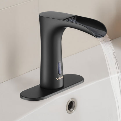 Touchless Bathroom Sink Faucet, Automatic Motion Sensor Waterfall Restroom Toilet Faucet with Hole Cover Plate, Modern E