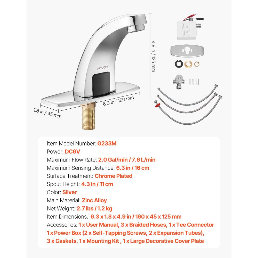 Touchless Bathroom Sink Faucet, Automatic Motion Sensor Restroom Toilet Faucet with Hole Cover Plate, Battery Operated,H