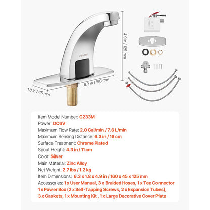 Touchless Bathroom Sink Faucet, Automatic Motion Sensor Restroom Toilet Faucet with Hole Cover Plate, Battery Operated,H