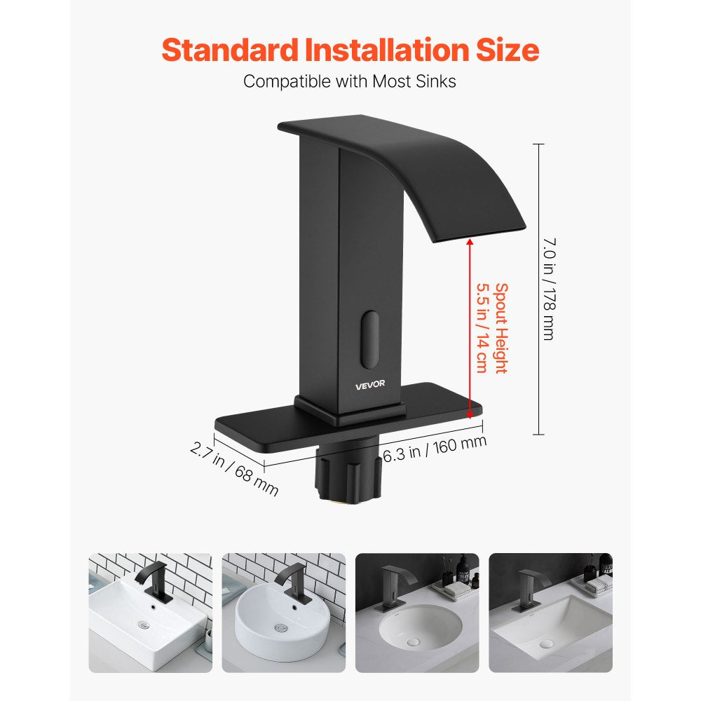 Touchless Bathroom Sink Faucet, Automatic Motion Sensor Waterfall Restroom Toilet Faucet with Hole Cover Plate, Battery 