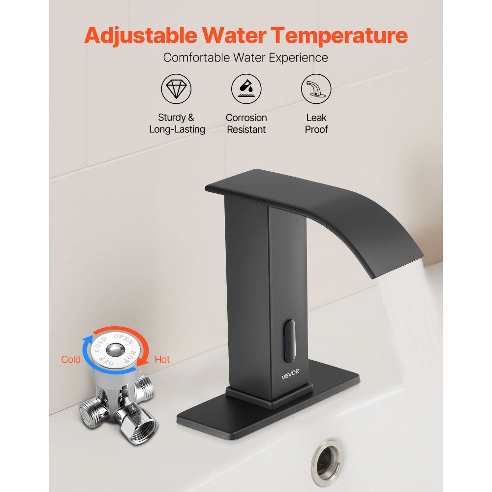 Touchless Bathroom Sink Faucet, Automatic Motion Sensor Waterfall Restroom Toilet Faucet with Hole Cover Plate, Battery 