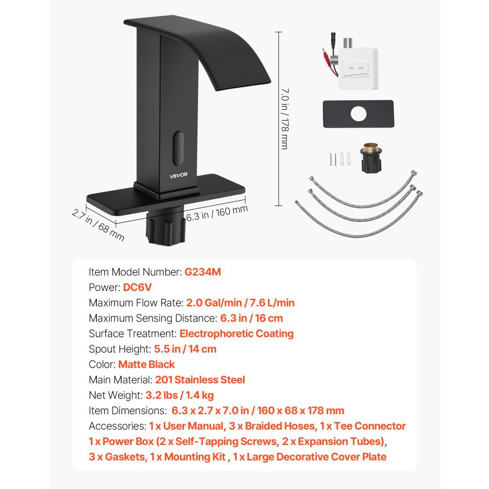 Touchless Bathroom Sink Faucet, Automatic Motion Sensor Waterfall Restroom Toilet Faucet with Hole Cover Plate, Battery 