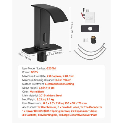 Touchless Bathroom Sink Faucet, Automatic Motion Sensor Waterfall Restroom Toilet Faucet with Hole Cover Plate, Battery 