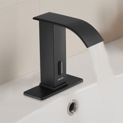 Touchless Bathroom Sink Faucet, Automatic Motion Sensor Waterfall Restroom Toilet Faucet with Hole Cover Plate, Battery 