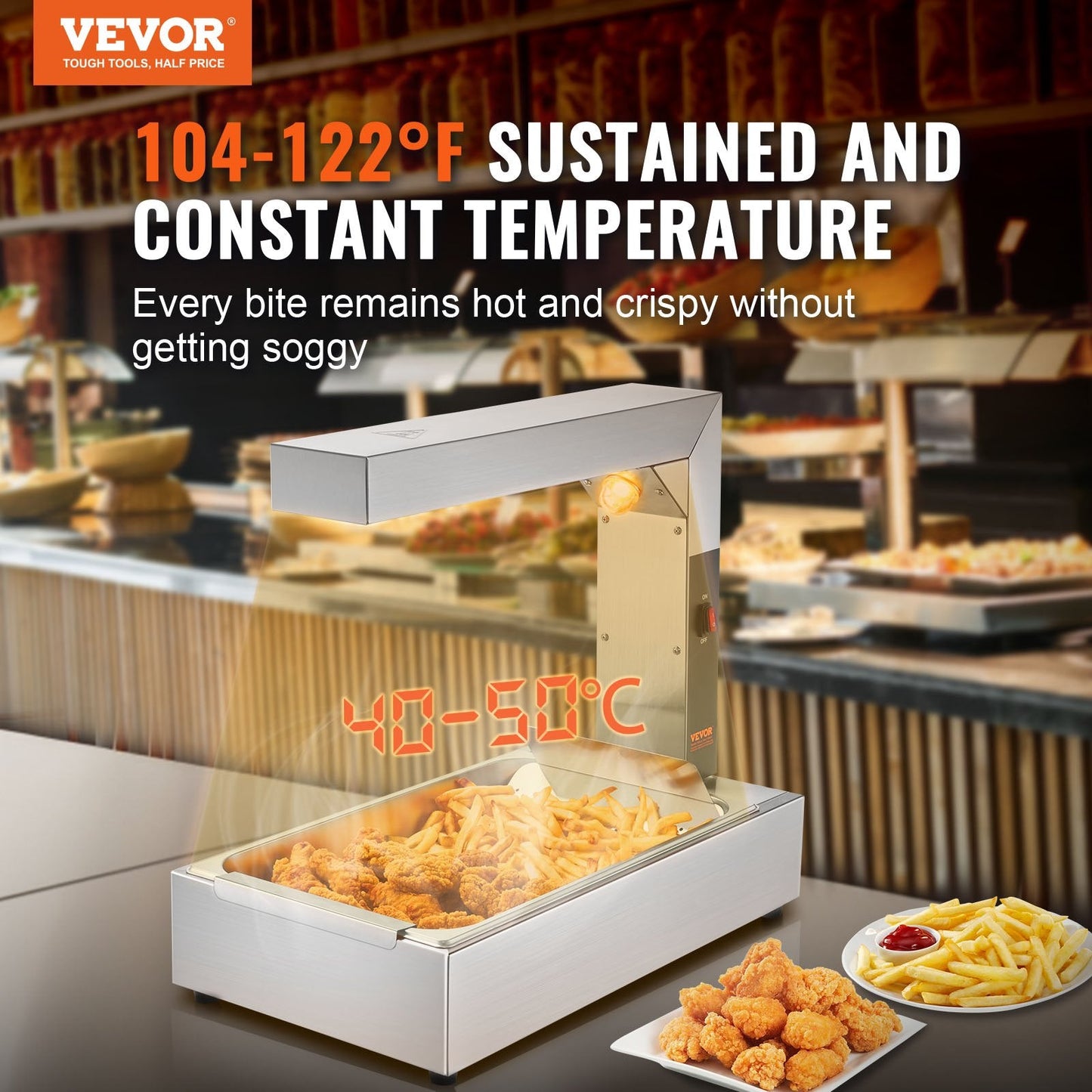 Commercial 750W Stainless Steel Food Warmer Lamp, 0.6m Countertop Unit