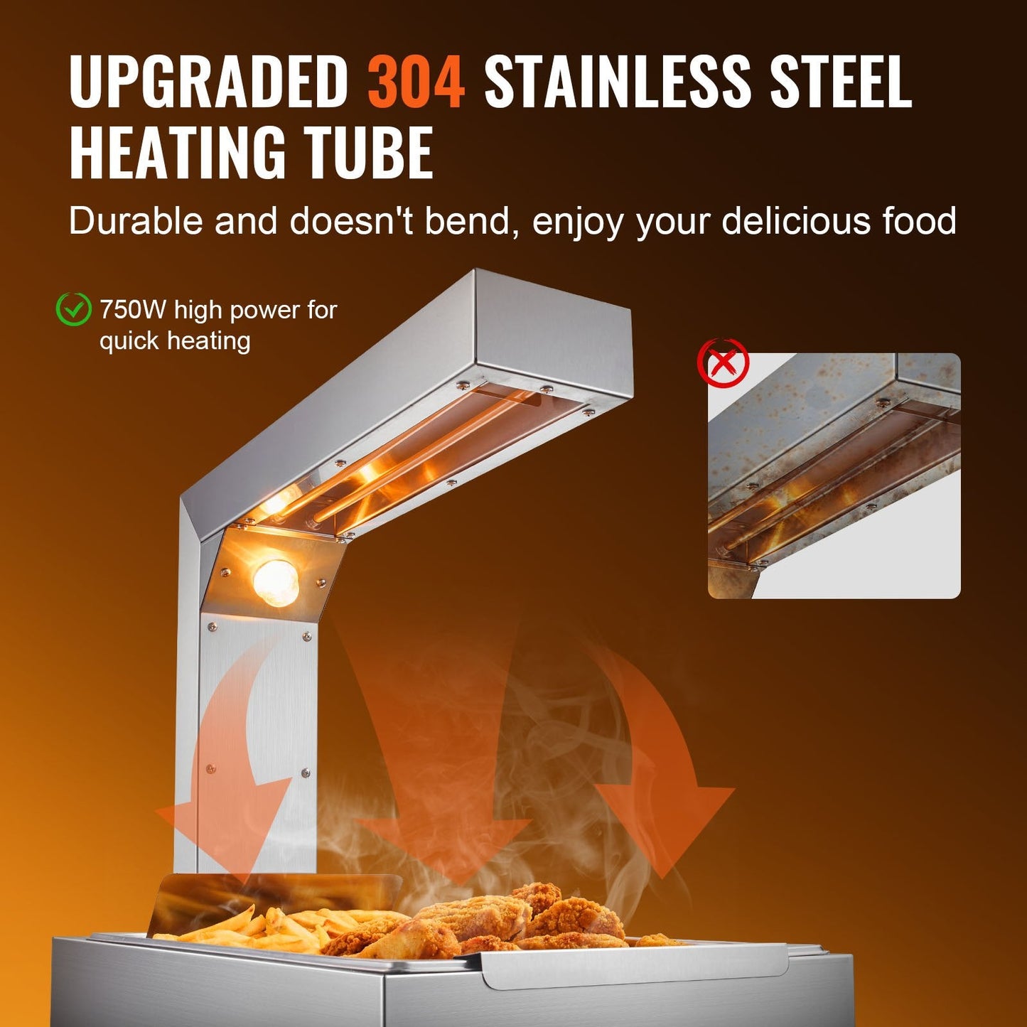 Commercial 750W Stainless Steel Food Warmer Lamp, 0.6m Countertop Unit