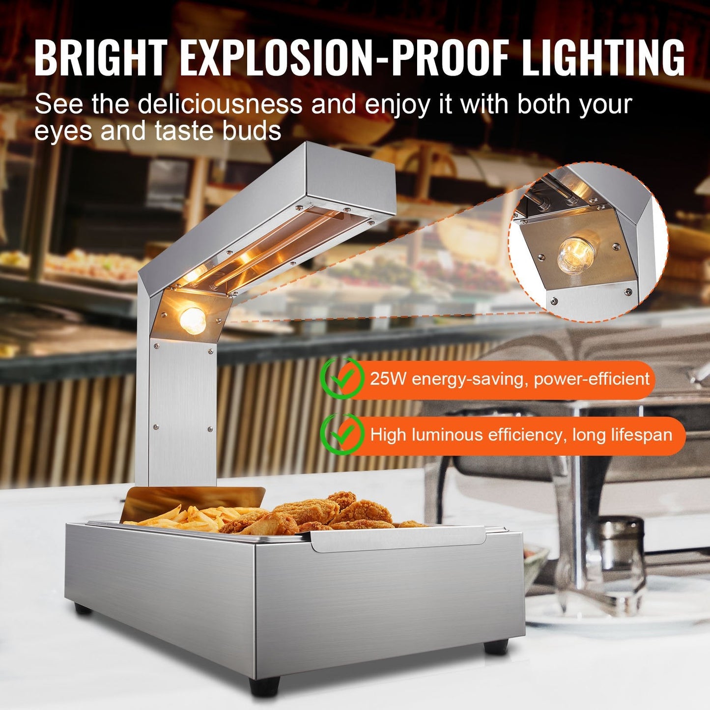 Commercial 750W Stainless Steel Food Warmer Lamp, 0.6m Countertop Unit
