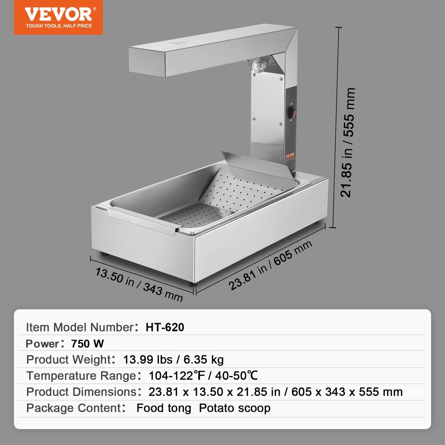 Commercial 750W Stainless Steel Food Warmer Lamp, 0.6m Countertop Unit