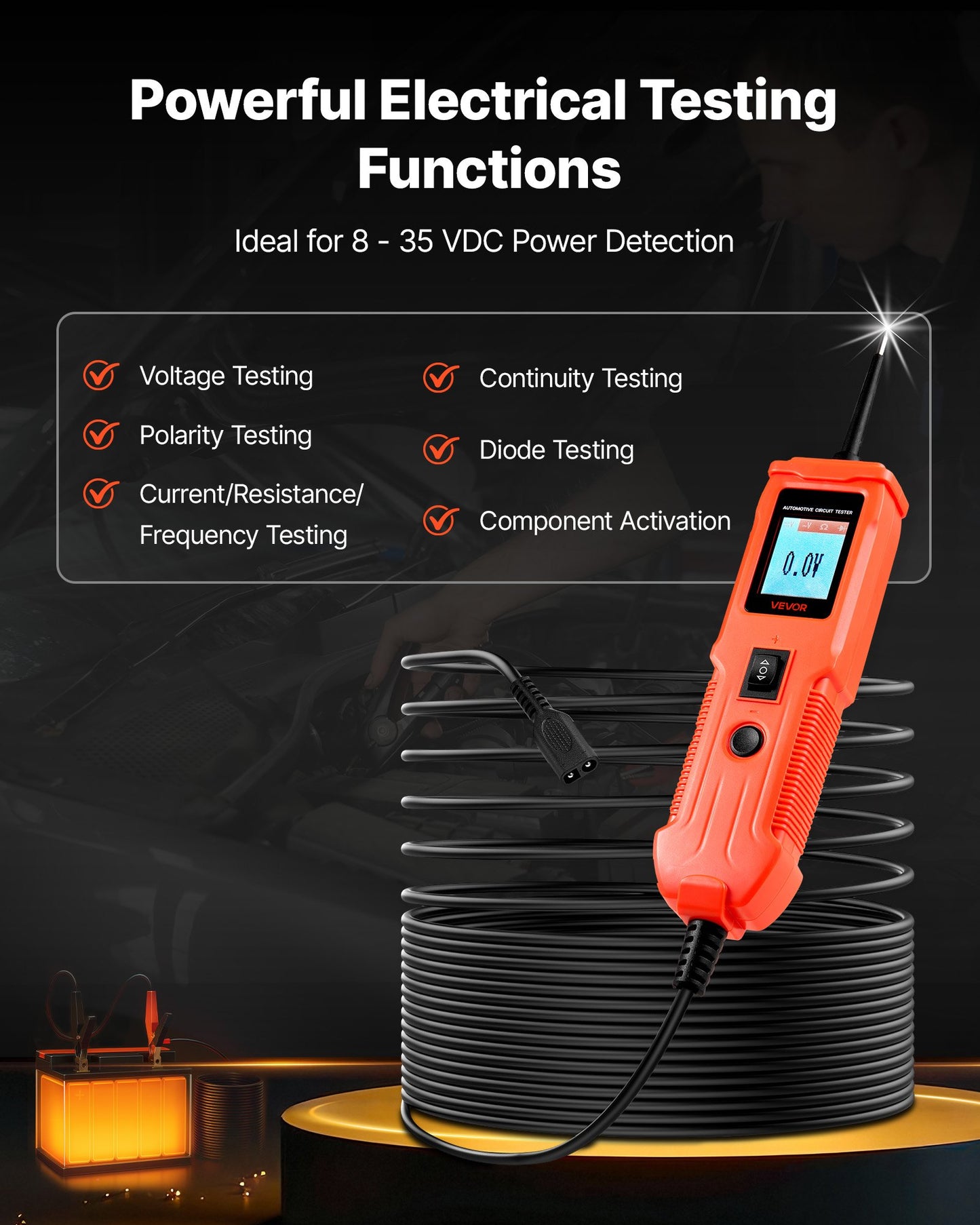 Automotive Circuit Tester, 8 - 35 DCV Power Circuit Probe Tester with TFT Color Display and Lighting, Automotive Power Tester Probe with 13 ft / 4 m Cable, ABS Shell Electrical Detector Finder