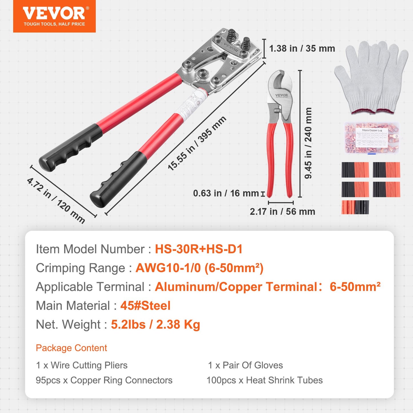 VEVOR Battery Cable Lug Crimping Tool, 10-1/0AWG with Cable Cutter and 95PCS Copper