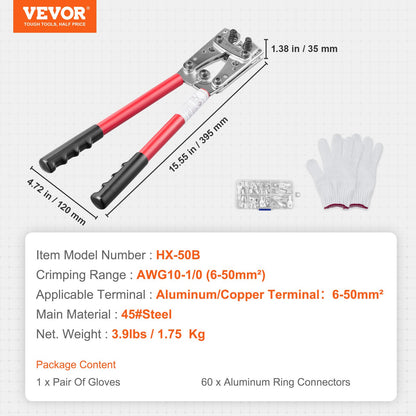 VEVOR Battery Cable Lug Crimping Tool, 10-1/0AWG Aluminum Terminal Battery Lug Crimper,