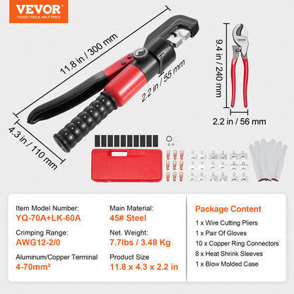 Hydraulic Crimping Tool Kit, AWG12-2/0, 3.48 kg, Steel, Rotatable Head, 9 Dies