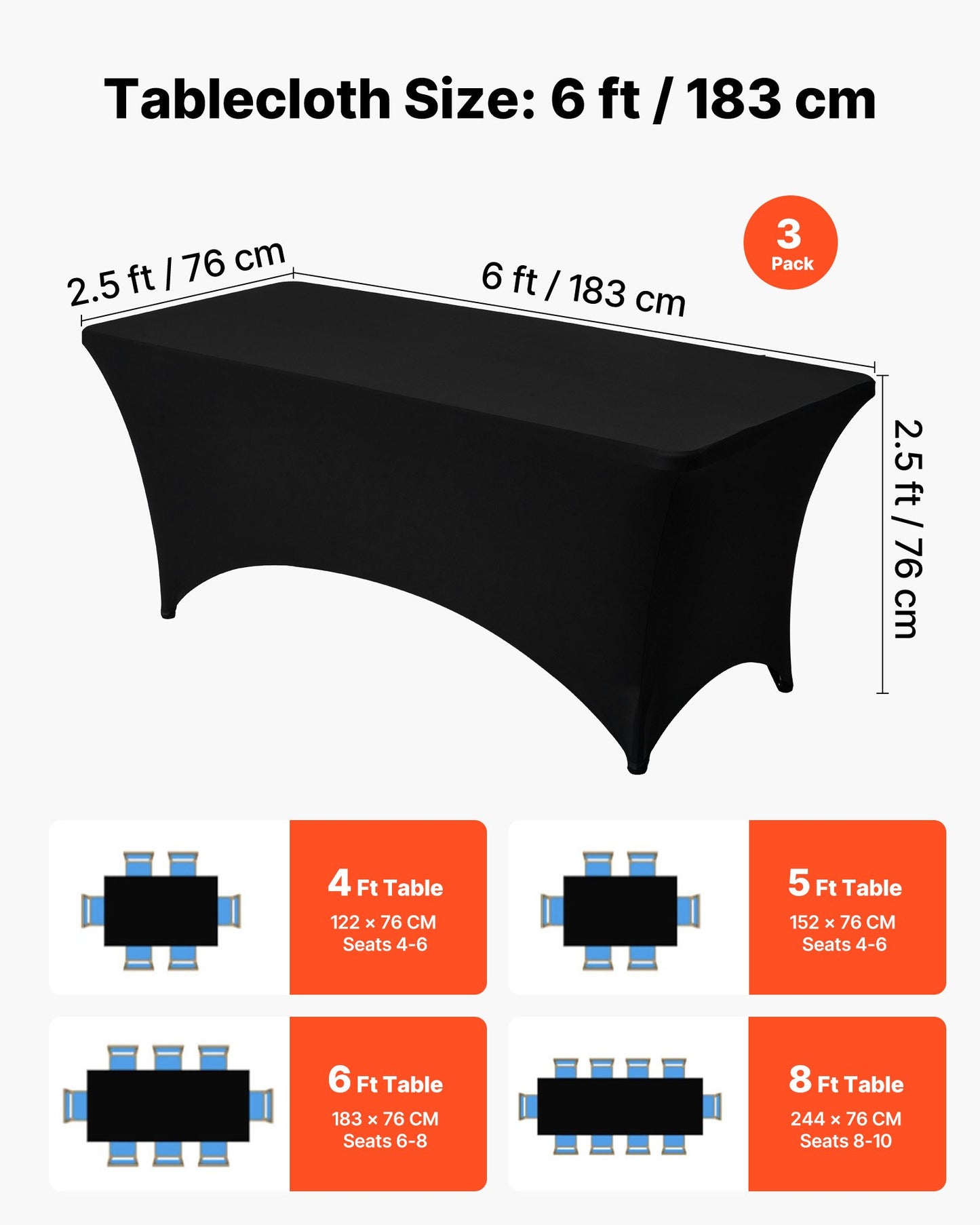 3 Pack Table Cloth for 6FT Rectangular Fitted Events, Wrinkle-Resistant Stretch Black Table Covers, Washable Spandex Tablecloth Protector, for Party, Wedding, Cocktail, Banquet, Festival