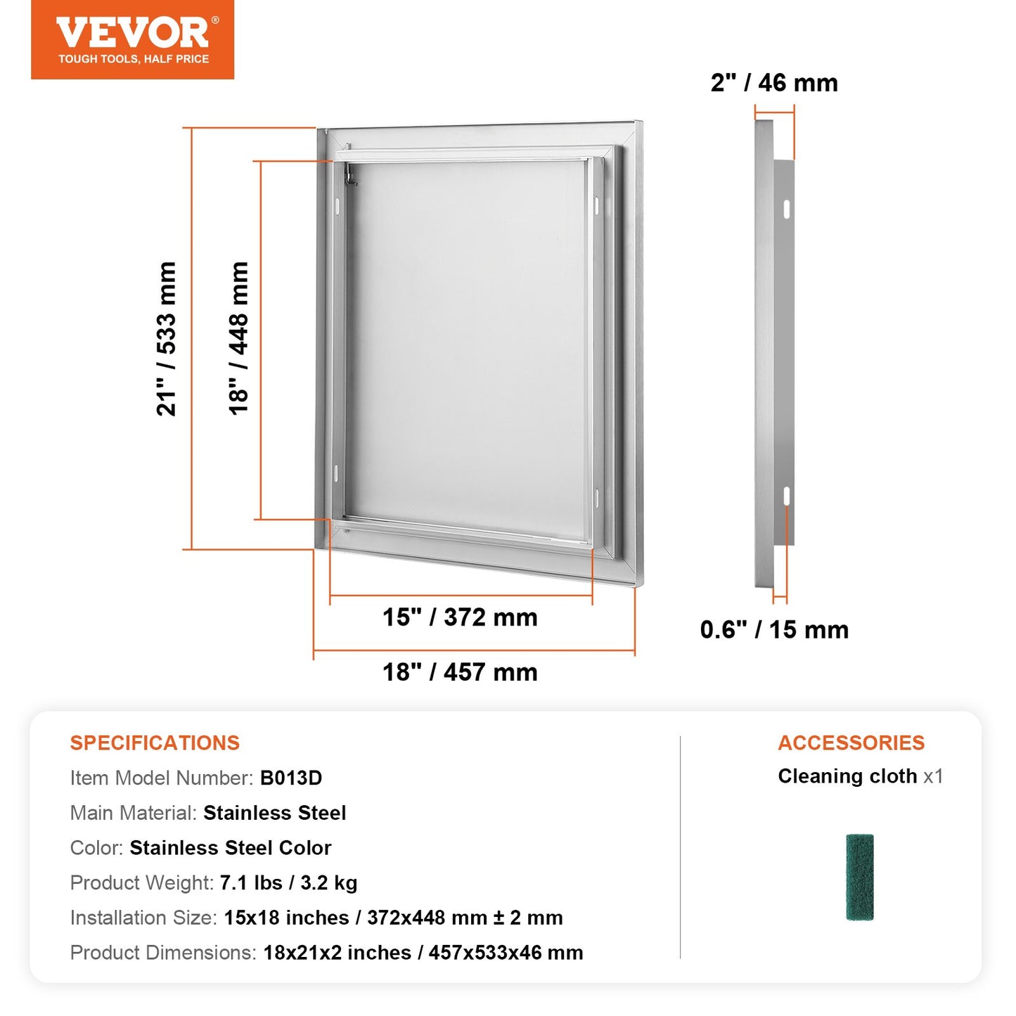 VEVOR BBQ Access Door, 457x533 mm Single Outdoor Kitchen Door, Stainless Steel Flush