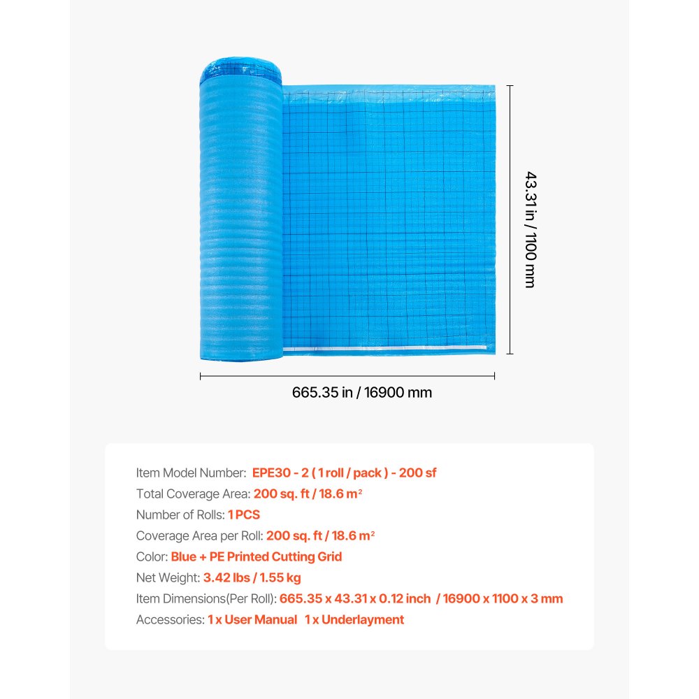 Floor Underlayment 18.6 m² 3mm 3-in-1 Vapor Barrier for Laminate Blue