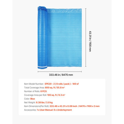 Floor Underlayment 55.8 m² 2mm 3-in-1 Vapor Barrier for Laminate Blue