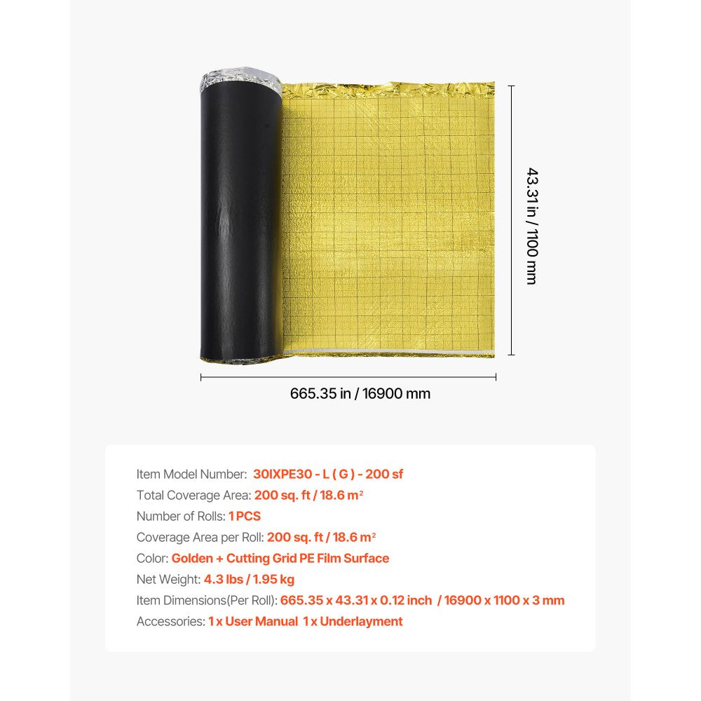Floor Underlayment 18.6 m² Roll 3mm Vapor Barrier Soundproofing Gold