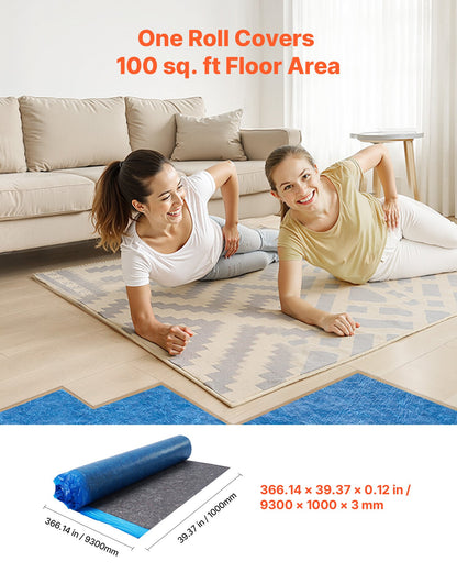 Floor Underlayment 9.3 m²/Roll, 3 mm Thick Laminate Flooring Padding with Attached Vapor Barrier, Heavy Duty Fiber + PE Film, Soundproofing & Noise Reduction, Ideal for Vinyl Wood Flooring