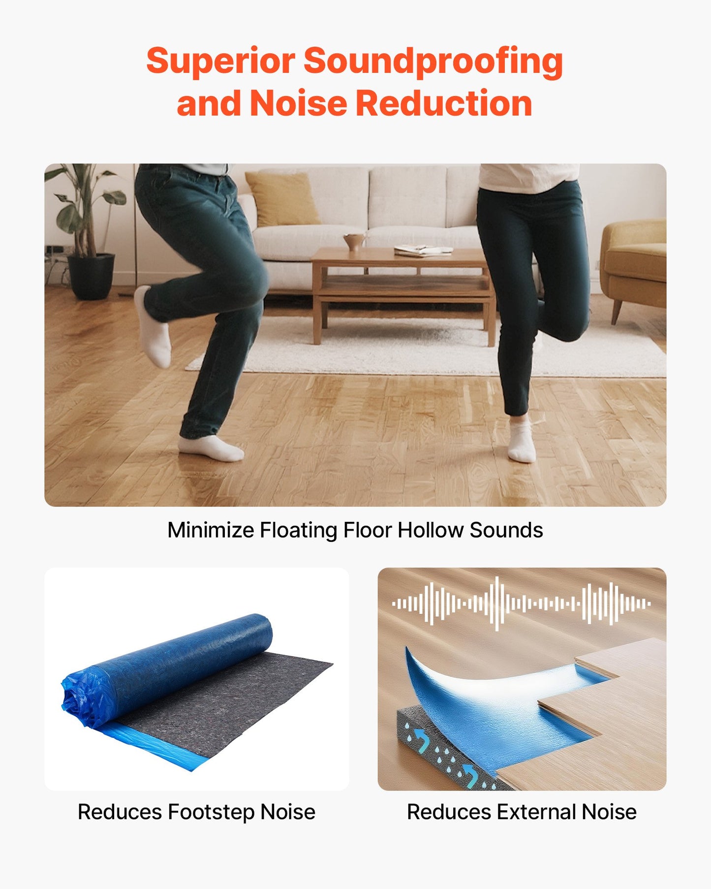 Floor Underlayment 9.3 m²/Roll, 3 mm Thick Laminate Flooring Padding with Attached Vapor Barrier, Heavy Duty Fiber + PE Film, Soundproofing & Noise Reduction, Ideal for Vinyl Wood Flooring