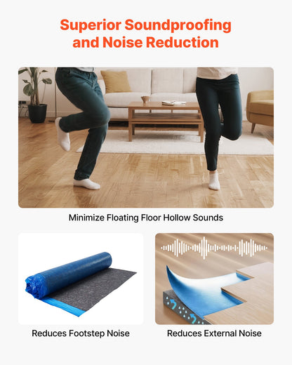 Floor Underlayment 9.3 m²/Roll, 3 mm Thick Laminate Flooring Padding with Attached Vapor Barrier, Heavy Duty Fiber + PE Film, Soundproofing & Noise Reduction, Ideal for Vinyl Wood Flooring